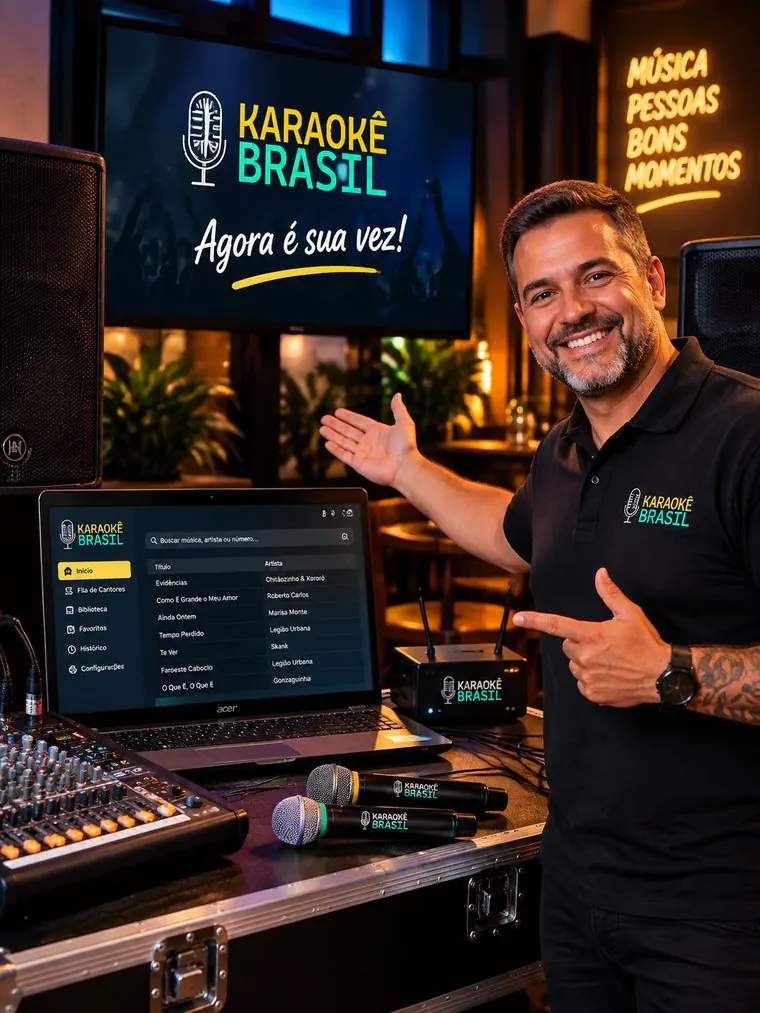 Apresentador comandando o karaokê ao vivo num bar com o sistema de karaokê Karaokê Brasil