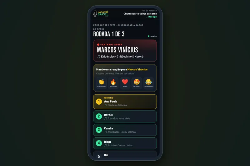 Fila pública do karaokê no celular com os botões de emoji para aplaudir