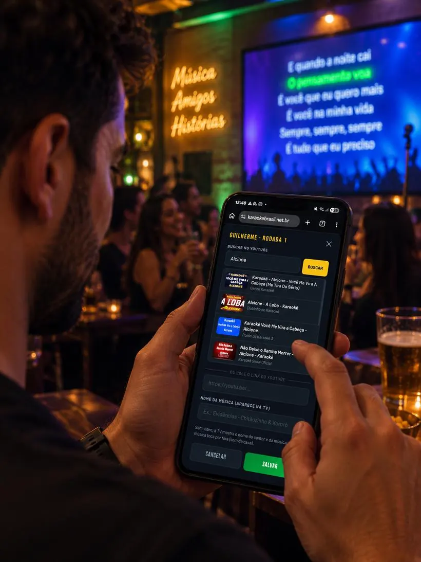 Pessoa utilizando software de karaokê profissional pelo celular no estabelecimento