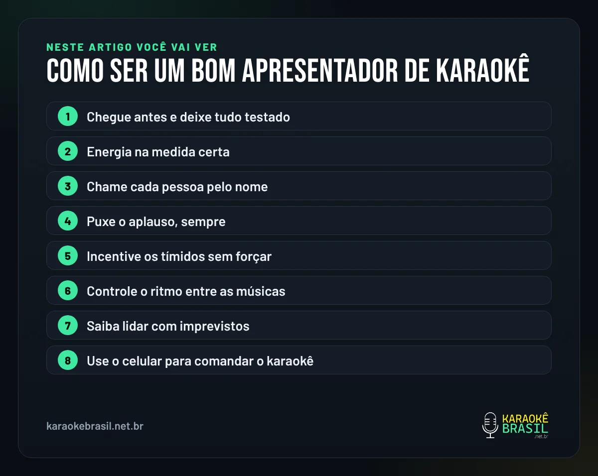 Resumo visual: o que você vai ver neste artigo sobre apresentador de karaokê