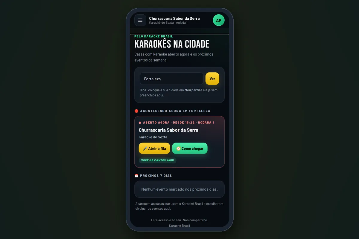 App do cantor mostrando os karaokês abertos na cidade