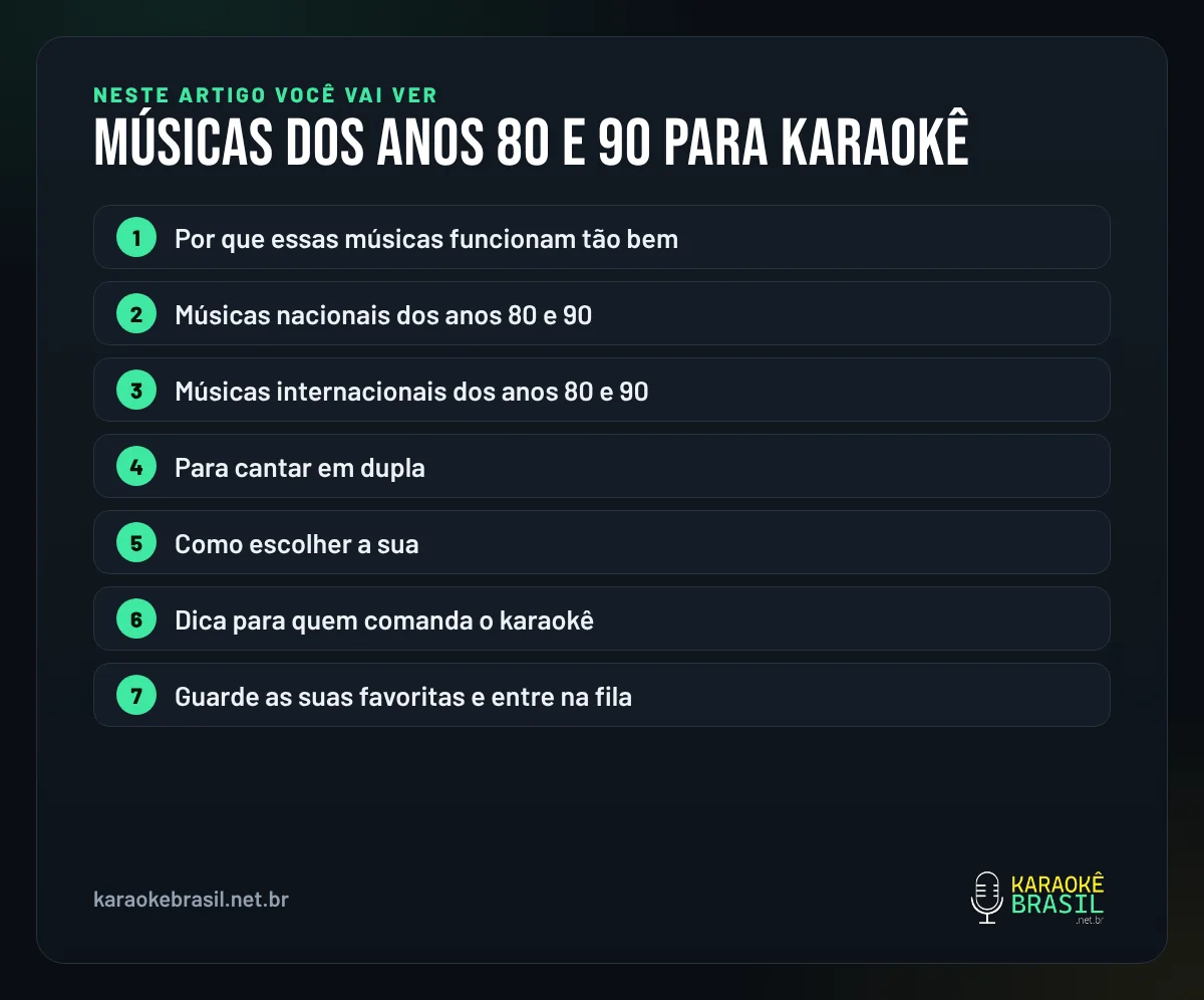 Resumo visual: o que você vai ver neste artigo sobre músicas dos anos 80 e 90 para karaokê