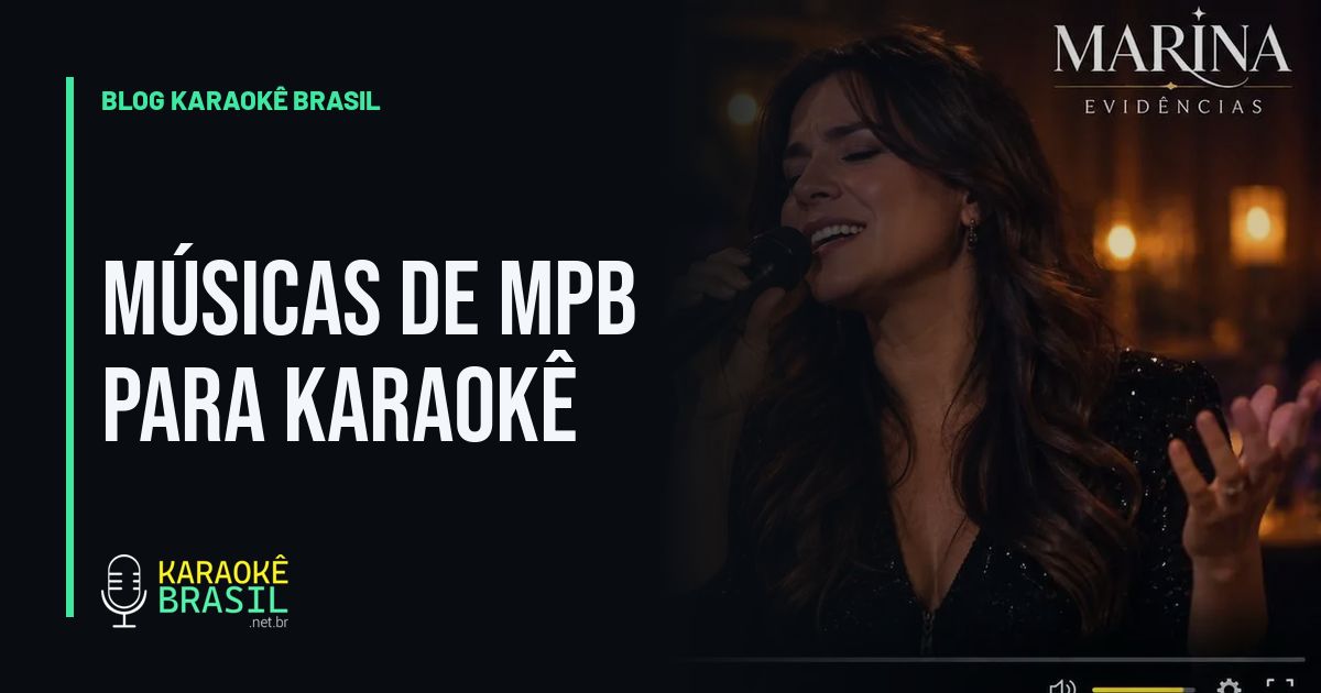 Cantor no palco com microfone e a letra da música na TV ao fundo