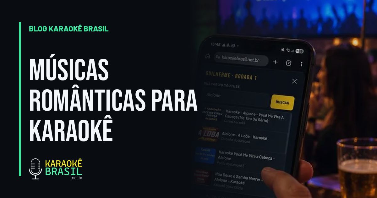 Pessoa segurando o celular para escolher uma música romântica no karaokê