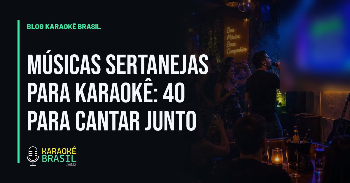 Cantor com microfone no palco e a letra da música sertaneja na TV do karaokê