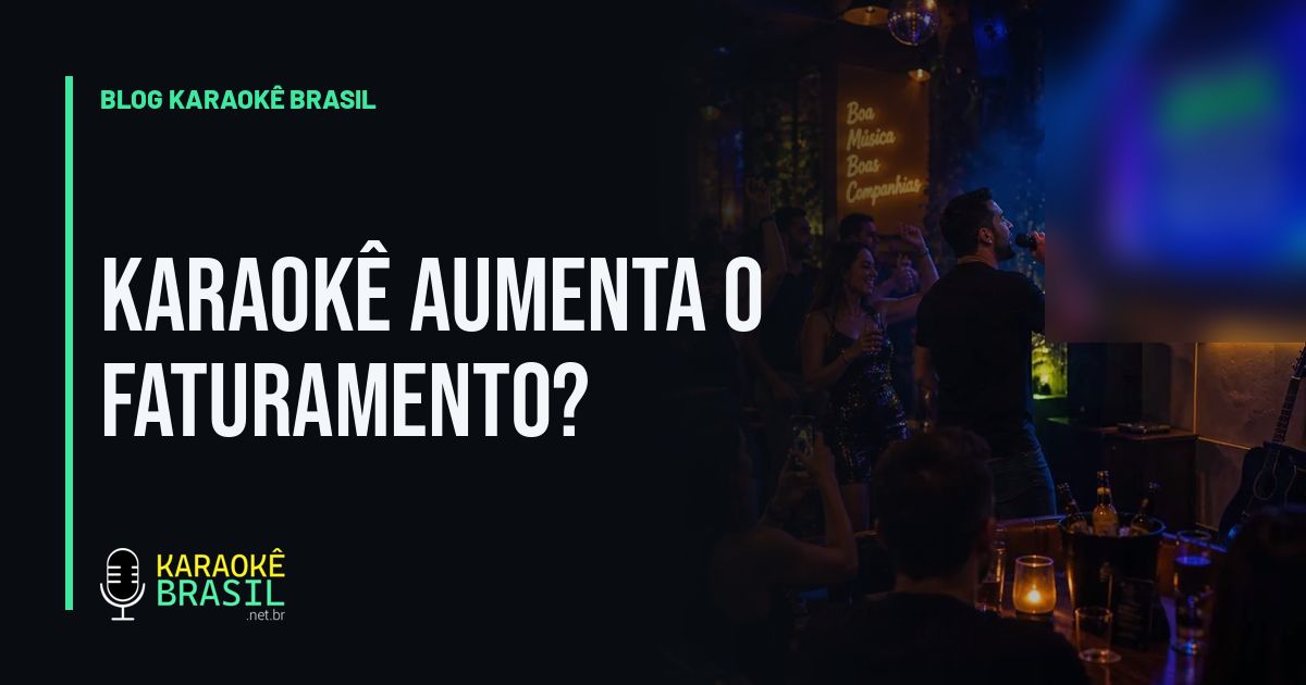 Karaokê em casa cheia com cantor no palco e a letra da música na TV