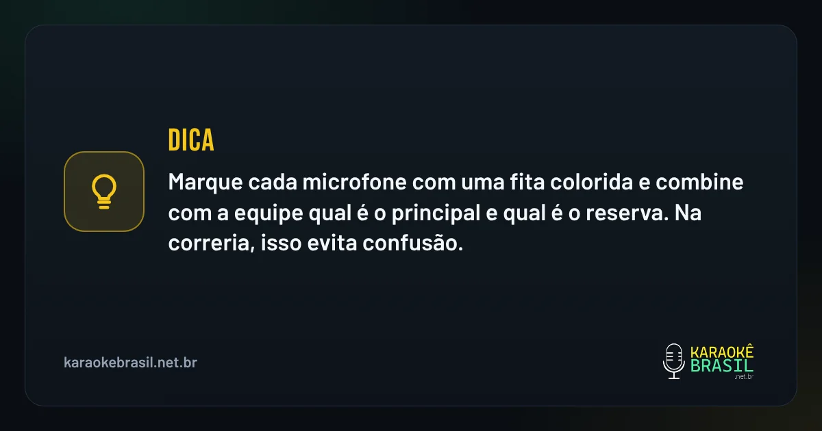 Dica em destaque: Dica: marque cada microfone com uma fita colorida e combine com a equipe qual é o principal e qual é o reserva. Na corre