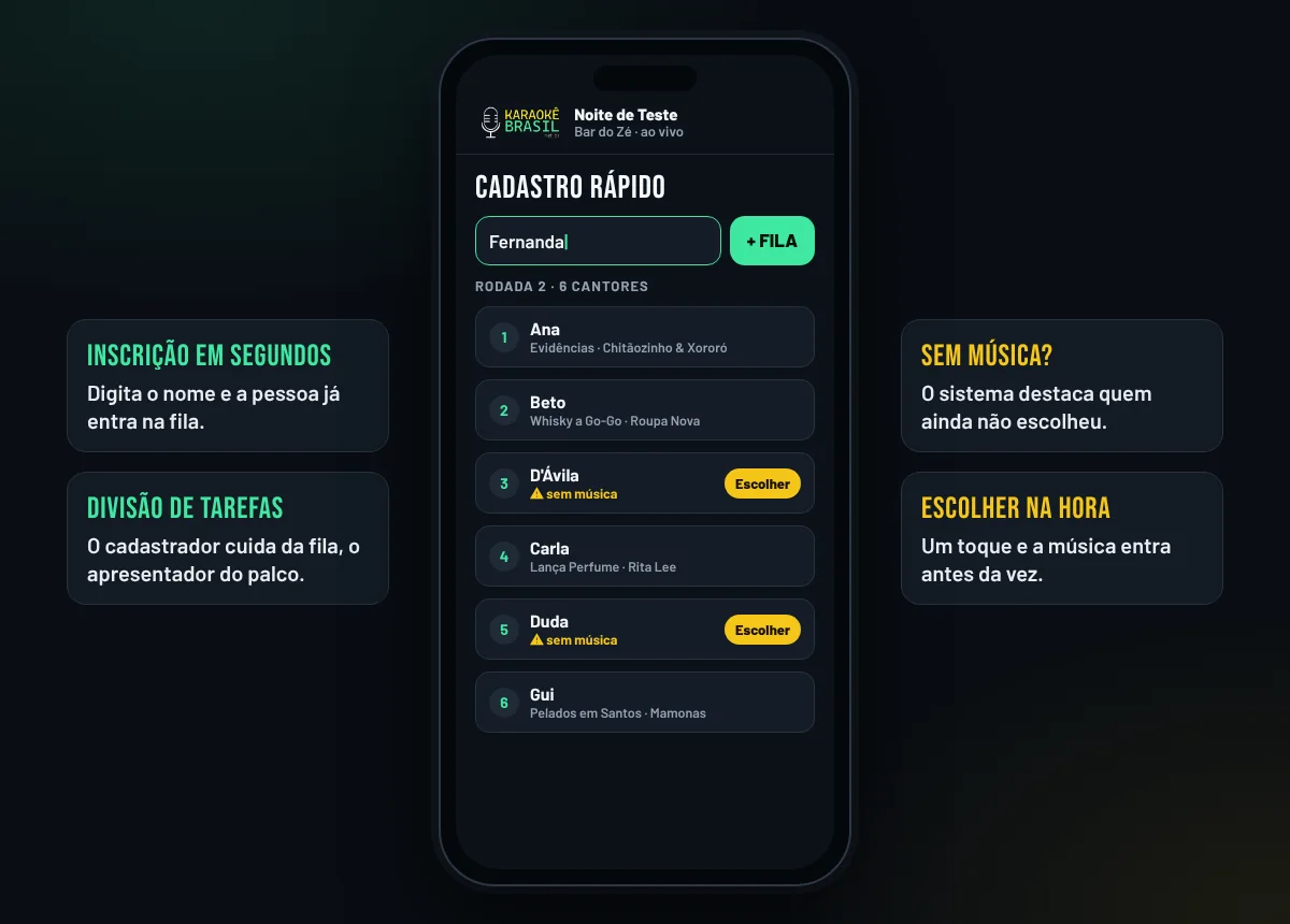 O cadastrador inscrevendo cantores pelo celular e vendo quem está sem música