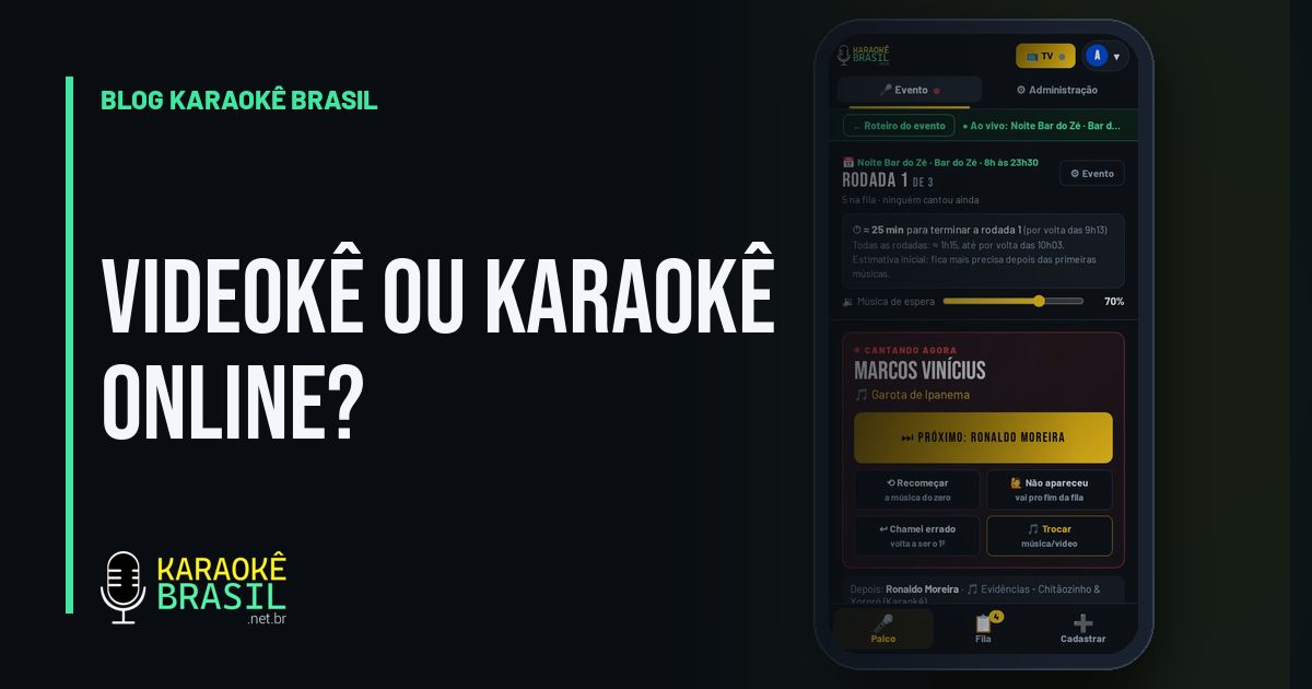 Apresentador comandando o karaokê pelo celular, com o botão do próximo cantor