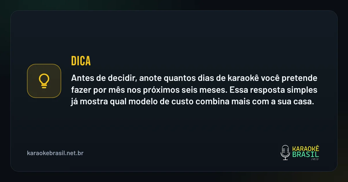 Dica em destaque: Dica: antes de decidir, anote quantos dias de karaokê você pretende fazer por mês nos próximos seis meses. Essa resposta